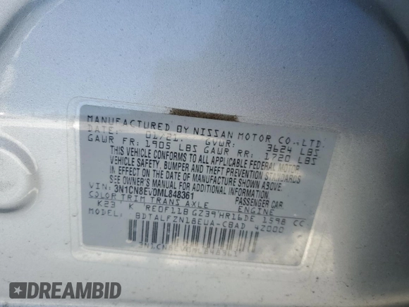 2021 Nissan Versa SV with VIN 3N1CN8EV0ML848361, listed as a Copart auction lot 45210435 with 63,043 mi miles and Salvage Title. Bid and sale history available at carsss.com. Image 12.