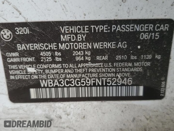 2015 BMW 3 Series 320i xDrive with VIN WBA3C3G59FNT52946, listed as a Copart auction lot 45638255 with Not Provided miles and Salvage Title. Bid and sale history available at carsss.com. Image 14.