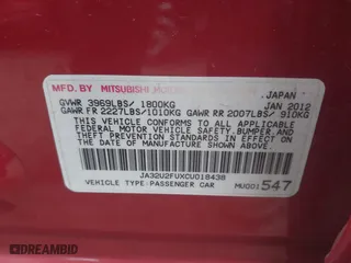 2012 Mitsubishi Lancer ES with VIN JA32U2FUXCU018438, listed as a IAAI auction lot 41772110 with 184,547 mi miles. Bid and sale history available at carsss.com. Image 9.