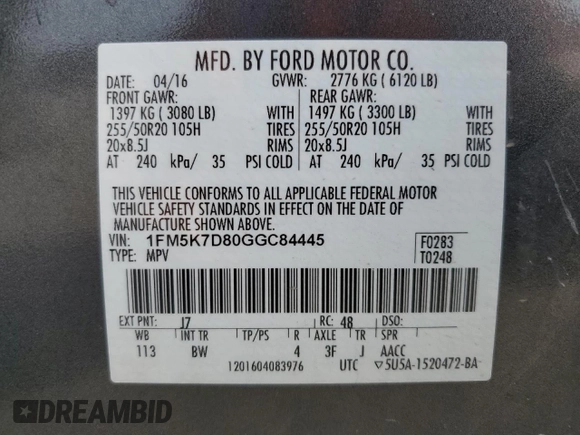 2016 Ford Explorer XLT with VIN 1FM5K7D80GGC84445, listed as a Copart auction lot 50798255 with 153,547 mi miles and Salvage Title. Bid and sale history available at DreamBid. Image 13.