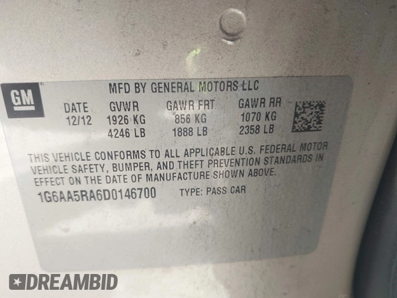 2013 Cadillac ATS with VIN 1G6AA5RA6D0146700, listed as a IAAI auction lot 42593469 with 134,287 mi miles and . Bid and sale history available at DreamBid. Image 9.