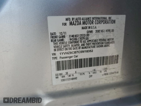 2012 Mazda 6 S Grand Touring with VIN 1YVHZ8CB7C5M18352, listed as a Copart auction lot 54128605 with 152,663 mi miles and Salvage Title. Bid and sale history available at DreamBid. Image 12.