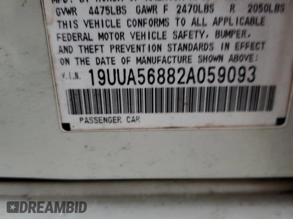 2002 Acura TL Type S with VIN 19UUA56882A059093, listed as a Copart auction lot 85473144 with 0 mi miles and Salvage Title. Bid and sale history available at carsss.com. Image 12.