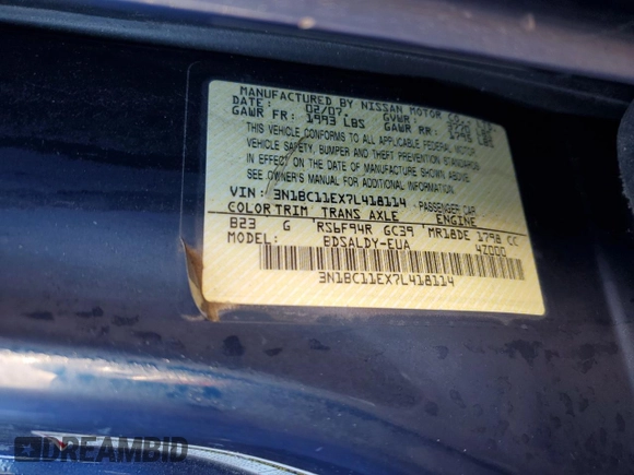 2007 Nissan Versa 1.8 SL with VIN 3N1BC11EX7L418114, listed as a Copart auction lot 87251084 with 0 mi miles and Salvage Title. Bid and sale history available at carsss.com. Image 12.