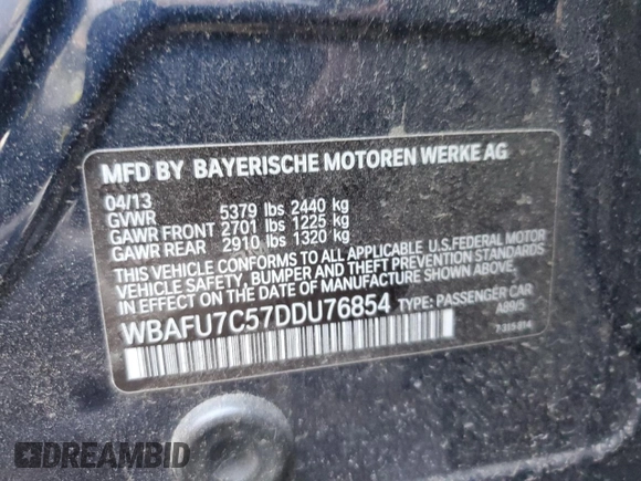 2013 BMW 5 Series 535i xDrive with VIN WBAFU7C57DDU76854, listed as a Copart auction lot 43325245 with 124,000 mi miles and Salvage Title. Bid and sale history available at carsss.com. Image 12.