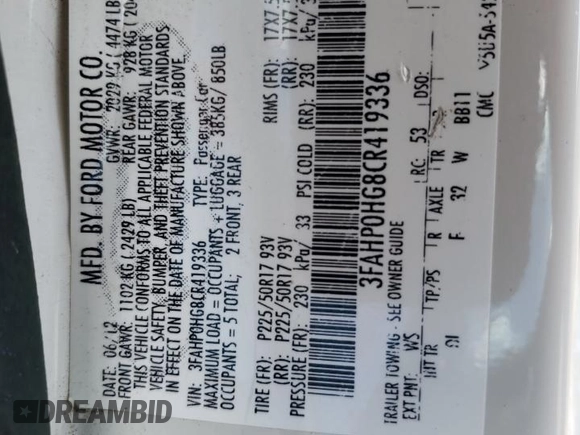 2012 Ford Fusion SE with VIN 3FAHP0HG8CR419336, listed as a Copart auction lot 52614575 with 97,263 mi miles and Salvage Title. Bid and sale history available at DreamBid. Image 13.