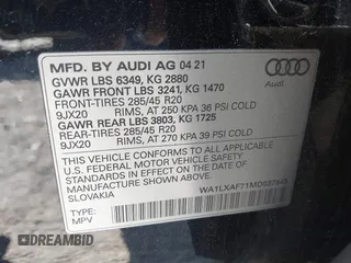 2021 Audi Q7 Premium Plus with VIN WA1LXAF71MD037845, listed as a IAAI auction lot 41987970 with 51,489 mi miles and . Bid and sale history available at DreamBid. Image 9.