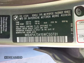 2005 BMW X3 2.5i with VIN WBXPA73415WC50781, listed as a IAAI auction lot 41871451 with 116,251 mi miles. Bid and sale history available at carsss.com. Image 9.