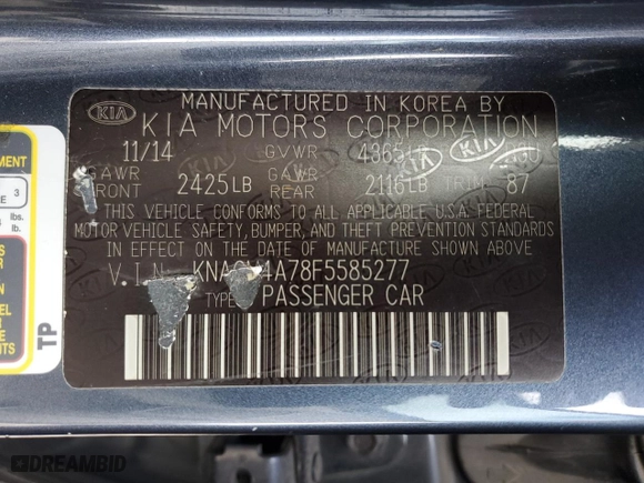 2015 Kia Optima LX with VIN KNAGM4A78F5585277, listed as a Copart auction lot 46720665 with 184,477 mi miles and Salvage Title. Bid and sale history available at carsss.com. Image 14.