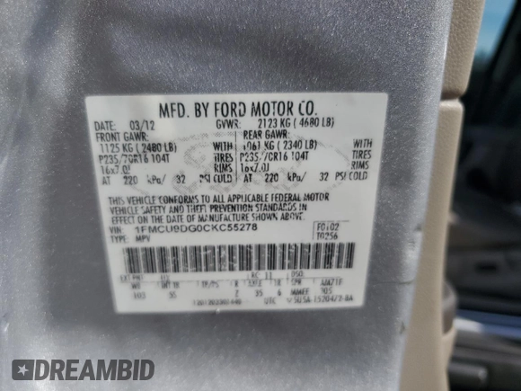 2012 Ford Escape XLT with VIN 1FMCU9DG0CKC55278, listed as a Copart auction lot 58429655 with 113,328 mi miles and Clean title. Bid and sale history available at DreamBid. Image 13.