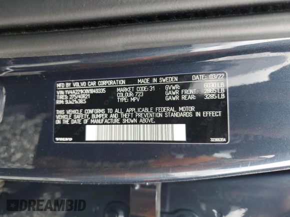 2022 Volvo XC90 Momentum with VIN YV4A221KXN1849335, listed as a Copart auction lot 51235125 with 20,312 mi miles and Salvage title. Bid and sale history available at DreamBid. Image 13.