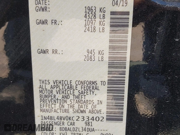 2019 Nissan Altima S z VIN 1N4BL4BV0KC233402, wystawiony jako IAAI lot #41917621 z przebiegiem 115 224 mil mil oraz . Historia ofert i sprzedaży dostępna na DreamBid. Obrazek 8.