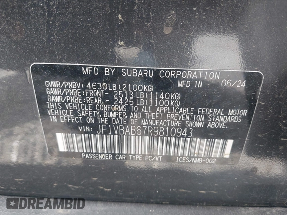 2024 Subaru WRX with VIN JF1VBAB67R9810943, listed as a IAAI auction lot 42010462 with 9,002 mi miles and . Bid and sale history available at DreamBid. Image 9.