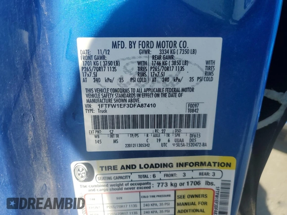 2013 Ford F-150 XL with VIN 1FTFW1EF3DFA87410, listed as a Copart auction lot 53025645 with 219,758 mi miles and Salvage Title. Bid and sale history available at DreamBid. Image 12.