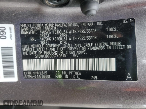 2016 Toyota Sienna XLE с VIN 5TDYK3DC8GS749610, выставлен на аукционе Copart как лот 57579215 с пробегом 167 554 миль миль и Списание • Salvage title. История ставок и продаж доступна на DreamBid. Изображение 13.