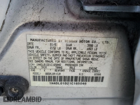 2001 Nissan Altima GXE with VIN 1N4DL01D21C165046, listed as a Copart auction lot 81757714 with 138,396 mi miles and Salvage Title. Bid and sale history available at carsss.com. Image 12.