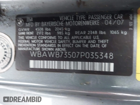 2007 BMW 3 Series 335i with VIN WBAWB73507P035348, listed as a IAAI auction lot 41957831 with 156,943 mi miles and . Bid and sale history available at DreamBid. Image 9.