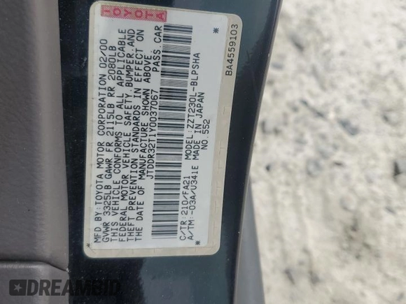 2000 Toyota Celica GT z VIN JTDDR32T1Y0037067, wystawiony jako Copart lot #55262244 z przebiegiem 272 092 mil mil oraz Szkoda całkowita • Salvage title. Historia ofert i sprzedaży dostępna na DreamBid. Obrazek 12.