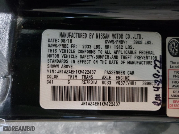 2019 Nissan 370Z Coupe with VIN JN1AZ4EH1KM422437, listed as a Copart auction lot 76562994 with 38365 miles and Salvage Title. Bid and sale history available at carsss.com. Image 13.