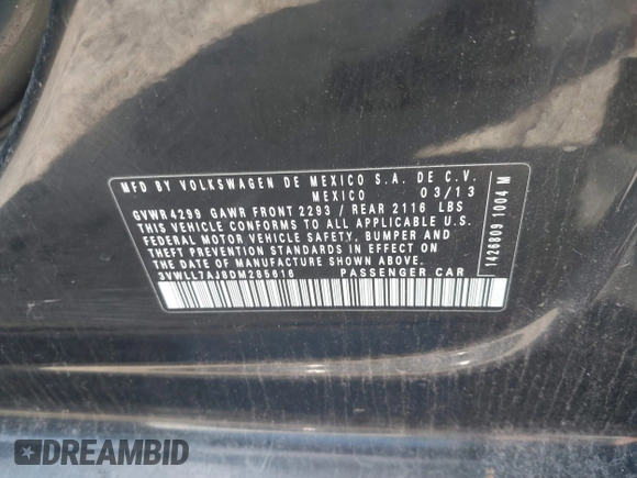 2013 Volkswagen Jetta TDI w/Premium/Nav with VIN 3VWLL7AJ8DM285616, listed as a IAAI auction lot 41597180 with 197,150 mi miles and . Bid and sale history available at DreamBid. Image 9.