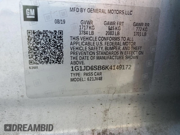 2019 Chevrolet Sonic LT with VIN 1G1JD6SB6K4149172, listed as a Copart auction lot 68833224 with 63,739 mi miles and Salvage title. Bid and sale history available at DreamBid. Image 13.