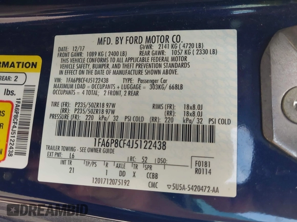 2018 Ford Mustang GT with VIN 1FA6P8CF4J5122438, listed as a IAAI auction lot 41904252 with 28,724 mi miles and . Bid and sale history available at DreamBid. Image 9.