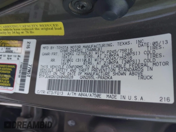 2013 Toyota Tacoma PreRunner z VIN 5TFJU4GN1DX046628, wystawiony jako IAAI lot #41216083 z przebiegiem Nie podano mil oraz . Historia ofert i sprzedaży dostępna na DreamBid. Obrazek 9.
