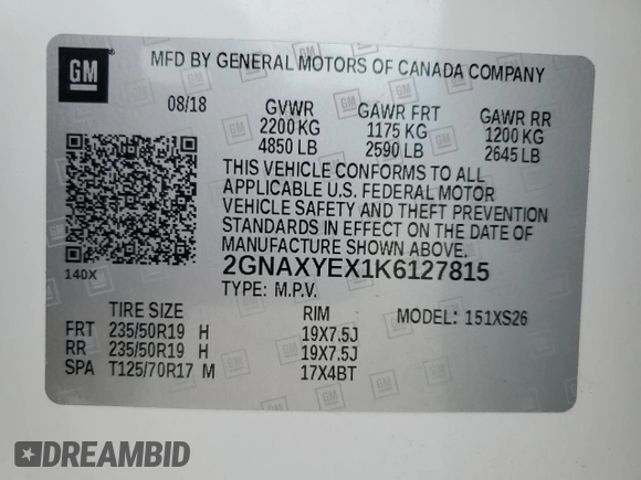 2019 Chevrolet Equinox Premier z VIN 2GNAXYEX1K6127815, wystawiony jako Copart lot #54345195 z przebiegiem 79 951 mil mil oraz Szkoda całkowita • Salvage title. Historia ofert i sprzedaży dostępna na DreamBid. Obrazek 12.