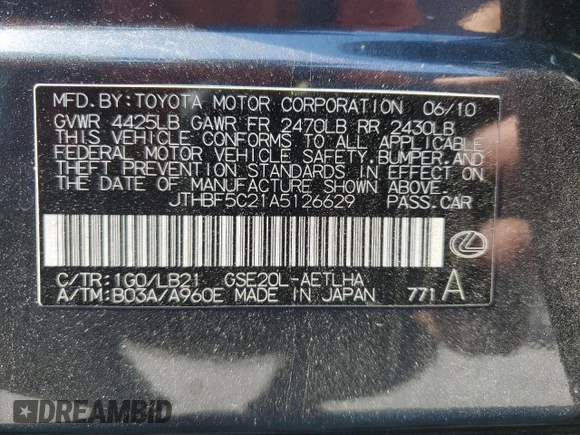 2010 Lexus IS 250 z VIN JTHBF5C21A5126629, wystawiony jako Copart lot #57318555 z przebiegiem 116 804 mil mil oraz Szkoda całkowita • Salvage title. Historia ofert i sprzedaży dostępna na DreamBid. Obrazek 13.