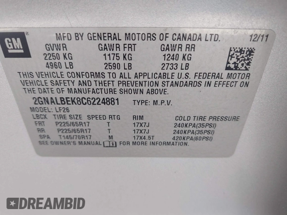 2012 Chevrolet Equinox LS with VIN 2GNALBEK8C6224881, listed as a IAAI auction lot 41894238 with 120,127 mi miles and . Bid and sale history available at DreamBid. Image 9.