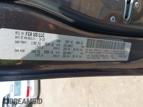 2019 Jeep Compass Altitude with VIN 3C4NJDBB1KT734970, listed as a IAAI auction lot 42483357 with 59,425 mi miles and . Bid and sale history available at DreamBid. Image 9.