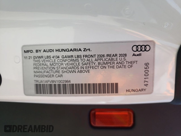 2022 Audi TTS z VIN TRUA1AFV8N1002984, wystawiony jako Copart lot #69760994 z przebiegiem 23 758 mil mil oraz Szkoda całkowita • Salvage title. Historia ofert i sprzedaży dostępna na DreamBid. Obrazek 12.