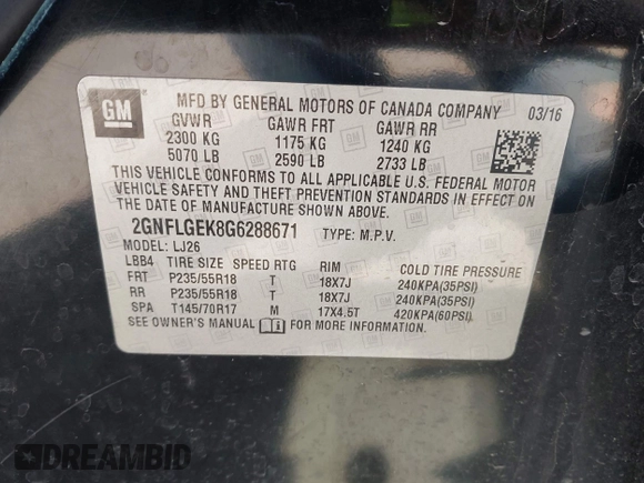 2016 Chevrolet Equinox LTZ z VIN 2GNFLGEK8G6288671, wystawiony jako IAAI lot #42220704 z przebiegiem 91 606 mil mil oraz . Historia ofert i sprzedaży dostępna na DreamBid. Obrazek 9.