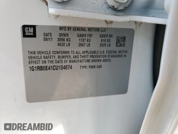 2012 Chevrolet Volt with VIN 1G1RB6E41CU104874, listed as a Copart auction lot 54674345 with 104,018 mi miles and Salvage Title. Bid and sale history available at carsss.com. Image 12.