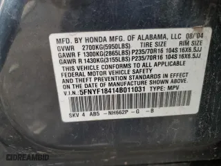 2004 Honda Pilot EX with VIN 5FNYF18414B011031, listed as a Copart auction lot 51757545 with 0 mi miles and Salvage Title. Bid and sale history available at carsss.com. Image 13.