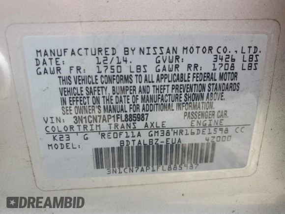 2015 Nissan Versa SV with VIN 3N1CN7AP1FL885987, listed as a Copart auction lot 53249115 with 132,925 mi miles and Salvage Title. Bid and sale history available at carsss.com. Image 14.