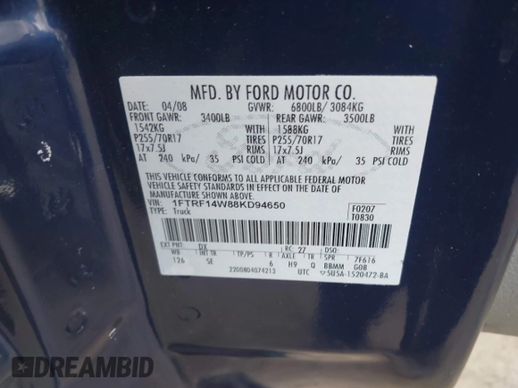 2008 Ford F-150 XL with VIN 1FTRF14W88KD94650, listed as a IAAI auction lot 41509571 with 134,977 mi miles. Bid and sale history available at carsss.com. Image 9.
