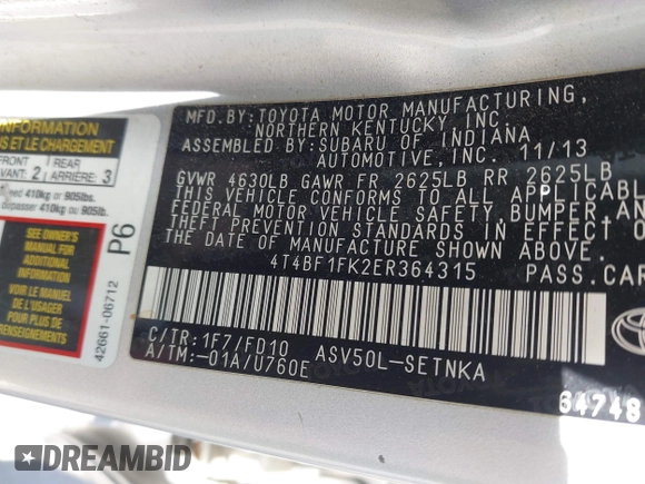 2014 Toyota Camry L with VIN 4T4BF1FK2ER364315, listed as a IAAI auction lot 41582885 with 1 mi miles. Bid and sale history available at carsss.com. Image 9.