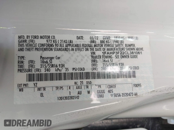 2012 Ford Focus SE with VIN 1FAHP3F22CL381061, listed as a IAAI auction lot 42036836 with 130,437 mi miles. Bid and sale history available at carsss.com. Image 9.