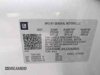 2018 GMC Acadia SLT with VIN 1GKKNMLS5JZ152601, listed as a IAAI auction lot 41801854 with 83,057 mi miles and . Bid and sale history available at DreamBid. Image 9.