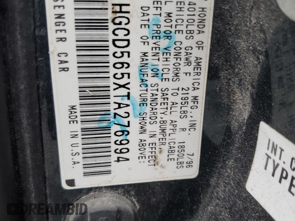 1996 Honda Accord EX with VIN 1HGCD565XTA276994, listed as a Copart auction lot 44344115 with 221,926 mi miles and Salvage Title. Bid and sale history available at DreamBid. Image 12.