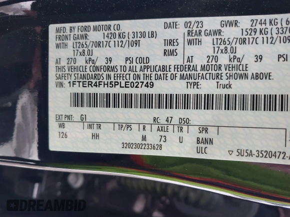 2023 Ford Ranger XL with VIN 1FTER4FH5PLE02749, listed as a IAAI auction lot 41303589 with 33,672 mi miles and . Bid and sale history available at DreamBid. Image 9.