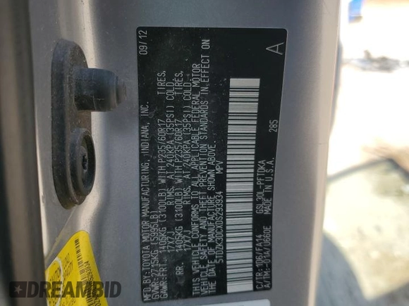 2013 Toyota Sienna L with VIN 5TDZK3DCXDS293934, listed as a Copart auction lot 53890575 with 148,193 mi miles and Clean Title. Bid and sale history available at carsss.com. Image 14.
