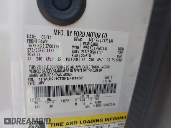 2015 Ford Expedition Max Limited with VIN 1FMJK1KT0FEF01487, listed as a IAAI auction lot 41480003 with Not Provided miles. Bid and sale history available at carsss.com. Image 9.