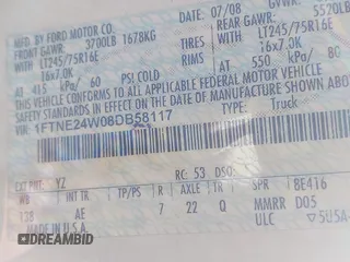 2008 Ford Econoline Cargo Commercial with VIN 1FTNE24W08DB58117, listed as a IAAI auction lot 41794228 with 217,648 mi miles and . Bid and sale history available at carsss.com. Image 9.