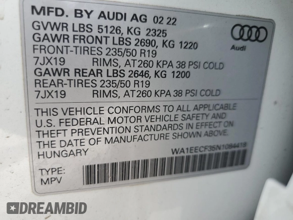 2022 Audi Q3 S line Premium Plus with VIN WA1EECF35N1084418, listed as a Copart auction lot 52442845 with 23,701 mi miles and Salvage Title. Bid and sale history available at carsss.com. Image 15.