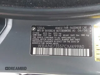 2007 BMW 5 Series 530i with VIN WBANE73557CM49980, listed as a IAAI auction lot 41518849 with 106,231 mi miles. Bid and sale history available at carsss.com. Image 9.
