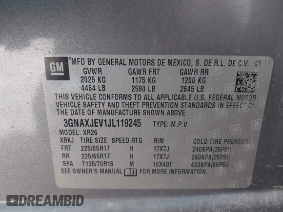 2018 Chevrolet Equinox LT with VIN 3GNAXJEV1JL119245, listed as a IAAI auction lot 41987159 with 54,489 mi miles and . Bid and sale history available at DreamBid. Image 9.