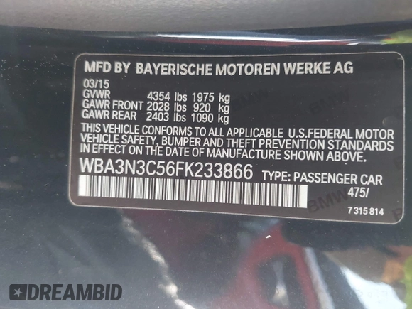 2015 BMW 4 Series 428i with VIN WBA3N3C56FK233866, listed as a IAAI auction lot 41983330 with 218,017 mi miles and . Bid and sale history available at DreamBid. Image 9.