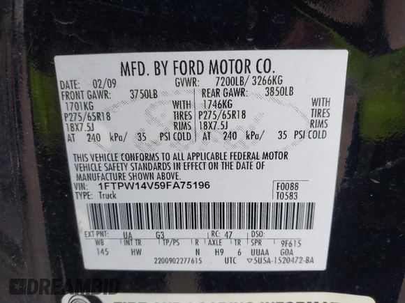 2009 Ford F-150 XL z VIN 1FTPW14V59FA75196, wystawiony jako IAAI lot #42361376 z przebiegiem 218 536 mil mil oraz . Historia ofert i sprzedaży dostępna na DreamBid. Obrazek 9.